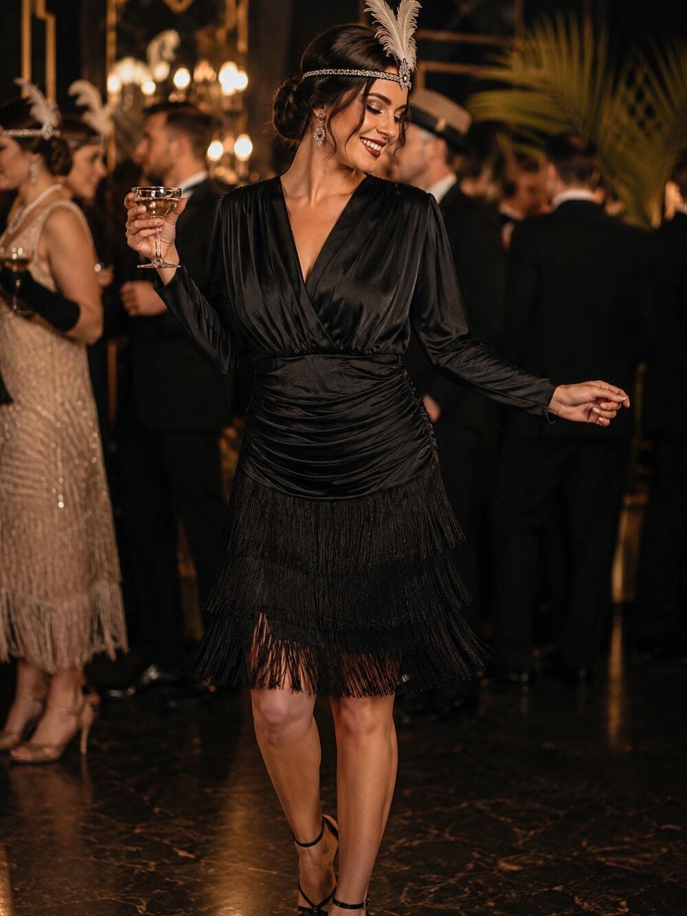 VTG Cheryl Kaye Cocktail Dress Size Small Black Satin Fringe Speakeasy Flapper